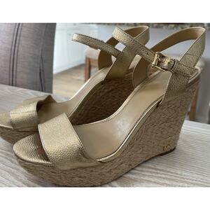 Michael Kors Jill‎ Espadrille Metallic Gold Leather Woven Wedge Sandal 8